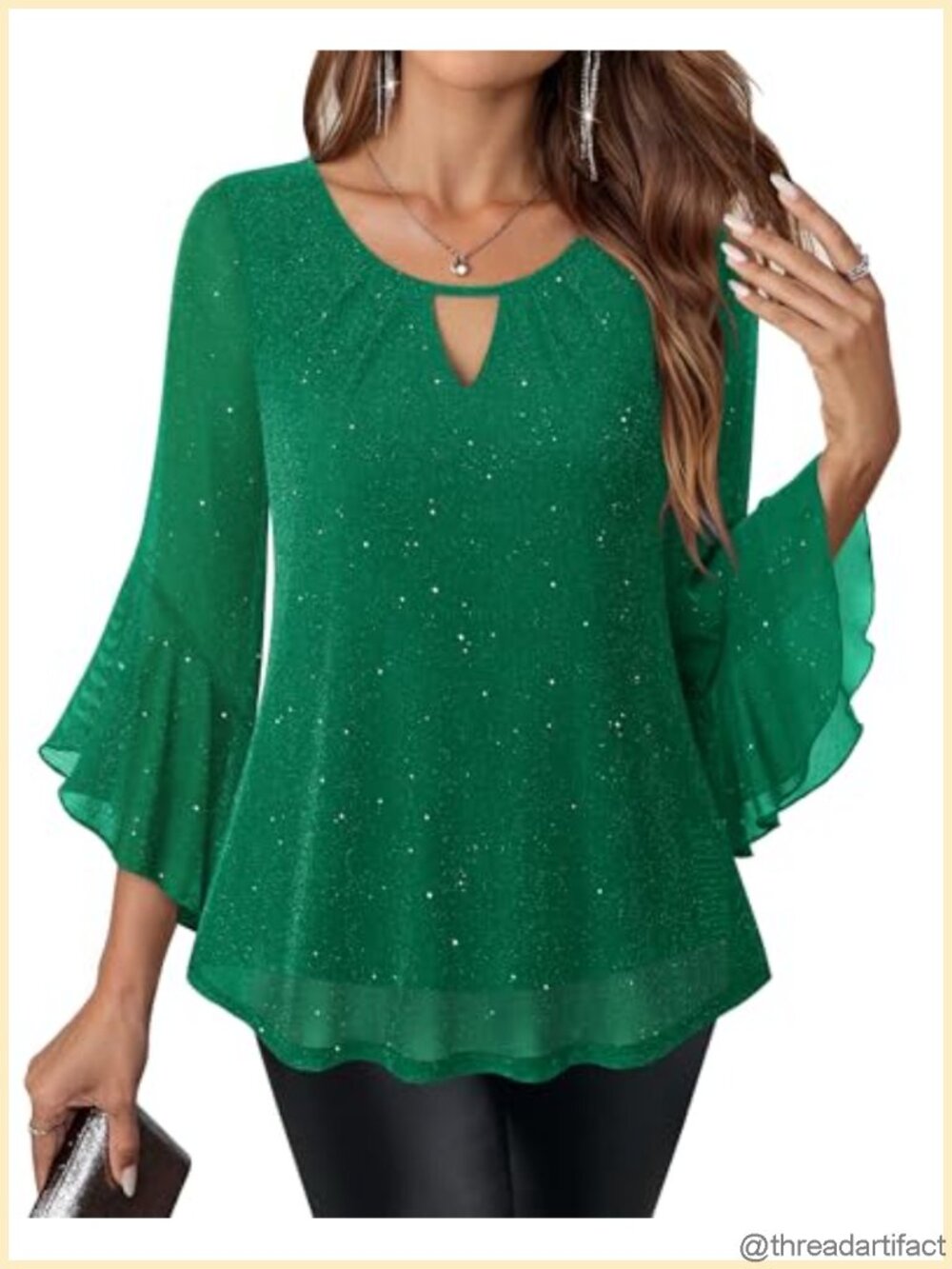 Womens Sparkly Glitter Ruffle 3/4 Sleeve Blouse Cocktail Party Top
